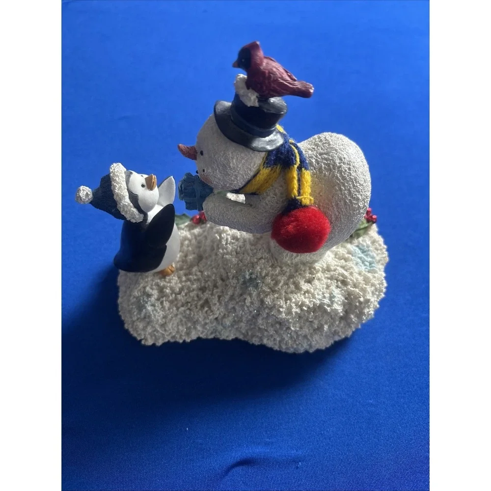 Snowman With Penguin Figurine Musical Box Works Wish You A Merry X-mas 6.5